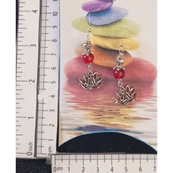 YOGA EARRINGS, Silvery BALI BEADS, RED Accents - Picture 7 of 8